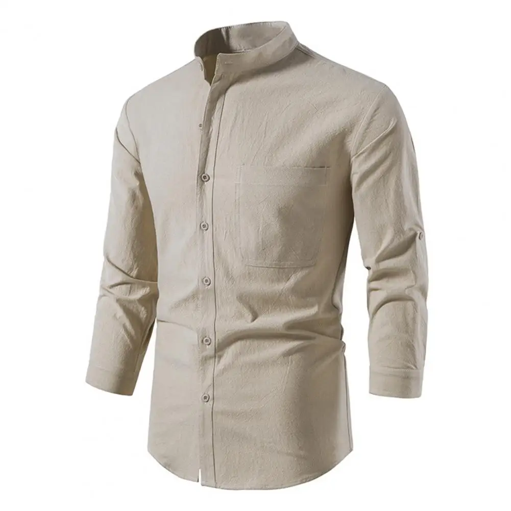 

Рубашка мужская приталенная с воротником-стойкой, повседневная сорочка с нагрудным карманом, мягкий дышащий топ с длинными рукавами, весна-лето