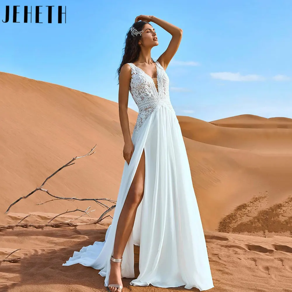 

JEHETH Boho V-Neck Chiffon Wedding Gowns Charming Side Slit Sleeveless Bridal Dress Backless Appliques A-Line Vestidos De Novia