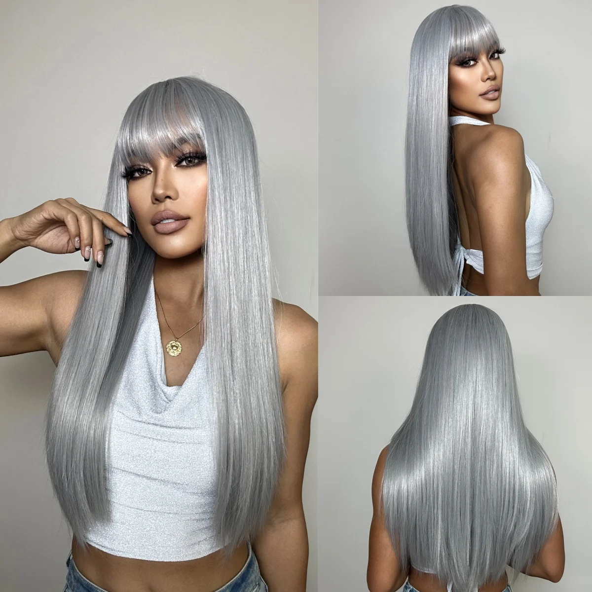 HAIRCUBE Silvery Grey Synthetic Straight Wig For Women Long Straight Gray Cosplay Wig With Bangs Daily Heat Resistant Fake Hair
HAIRCUBE Silvery Grey Synthetic Straight Wig For Women Long Straight Gray Cosplay Wig With Bangs Daily Heat Resistant Fake Hair
