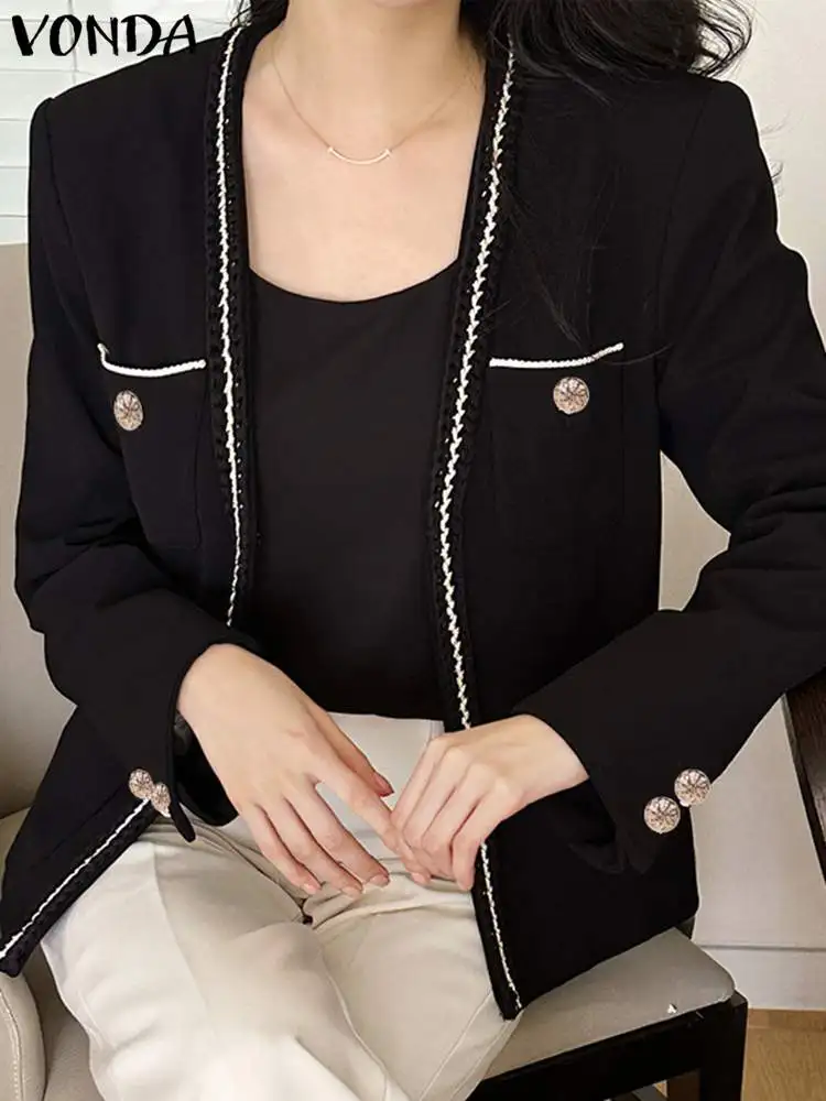 

Женский элегантный Блейзер VONDA 2023, Осенний модный однотонный пиджак с длинным рукавом и V-образным вырезом, повседневный свободный Блейзер, уличная одежда
