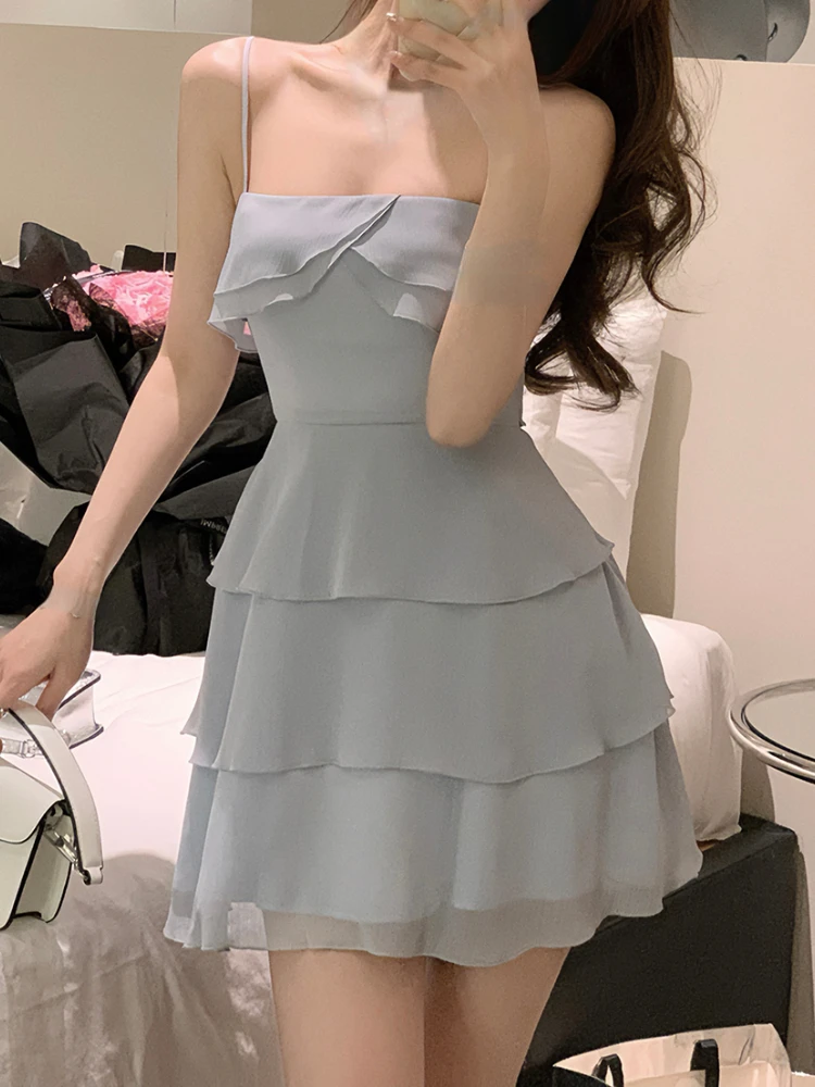 

Summer Bule France Elegant Dress Women Backless Sweet Fairy Suspender Dress Female Flounce Korean Fashion Party Dress 2023 New