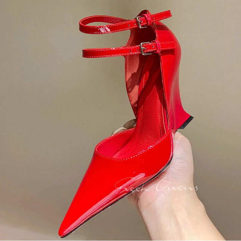

Summer New Sexy Ladies Wedges Sandals Appear Thin Pointed Toe High Heel Sandals Banquet Patent Leather Material Female Pumps