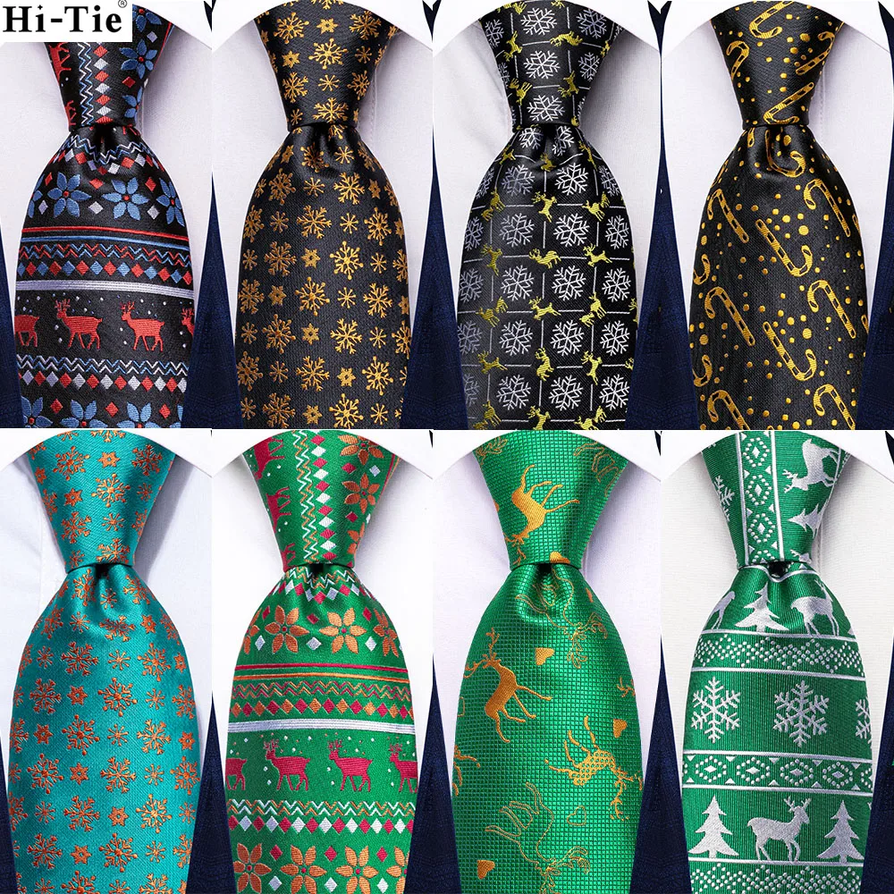 

Hi-Tie Designer Red Green Black New Silk Christmas Tie For Men Gift Mens Necktie Handky Cufflink Set Fashion Party Dropshiping