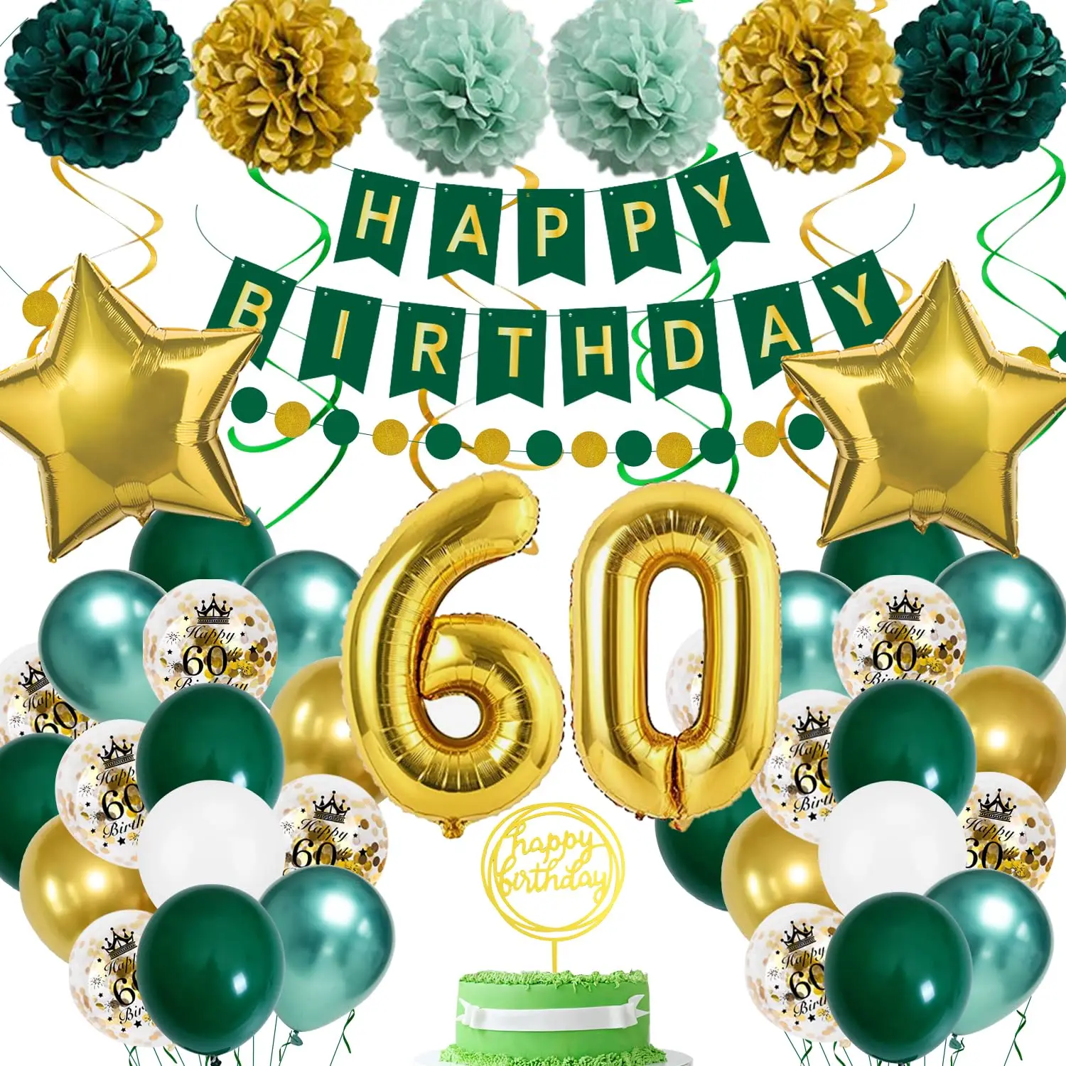 

Воздушный шар 60-го дня рождения, украшения для вечеринки 60-го дня рождения для мужчин и женщин, зеленый, золотой воздушный шар, воздушные шары со звездой, бумажные помпоны