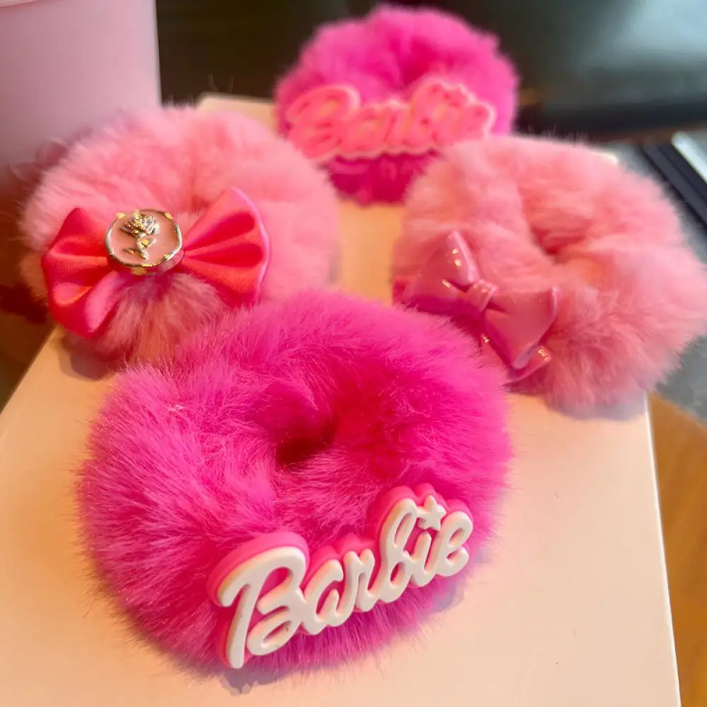 

MINISO Barbies Kawaii Sweet Bow Plush Hair Band Cute Loli Fluffy Hair Rope Barbie Pink Tie Ponytail Pill Headdresses Girls gift