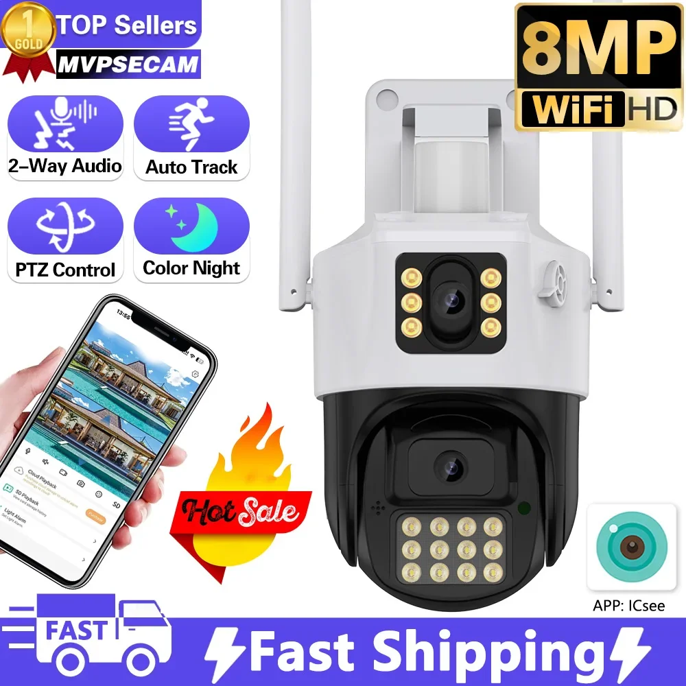 

8MP 4K Wifi Camera Dual Lens Security Protection Waterproof Security CCTV Video Surveillance Camera Police Light Alarm IP Camera