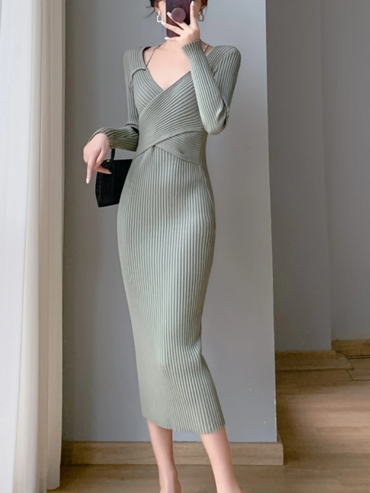 

Осеннее французское винтажное трикотажное платье, женское повседневное вечернее платье с V-образным вырезом Y2k, женское корейское модное элегантное платье, новинка 2023