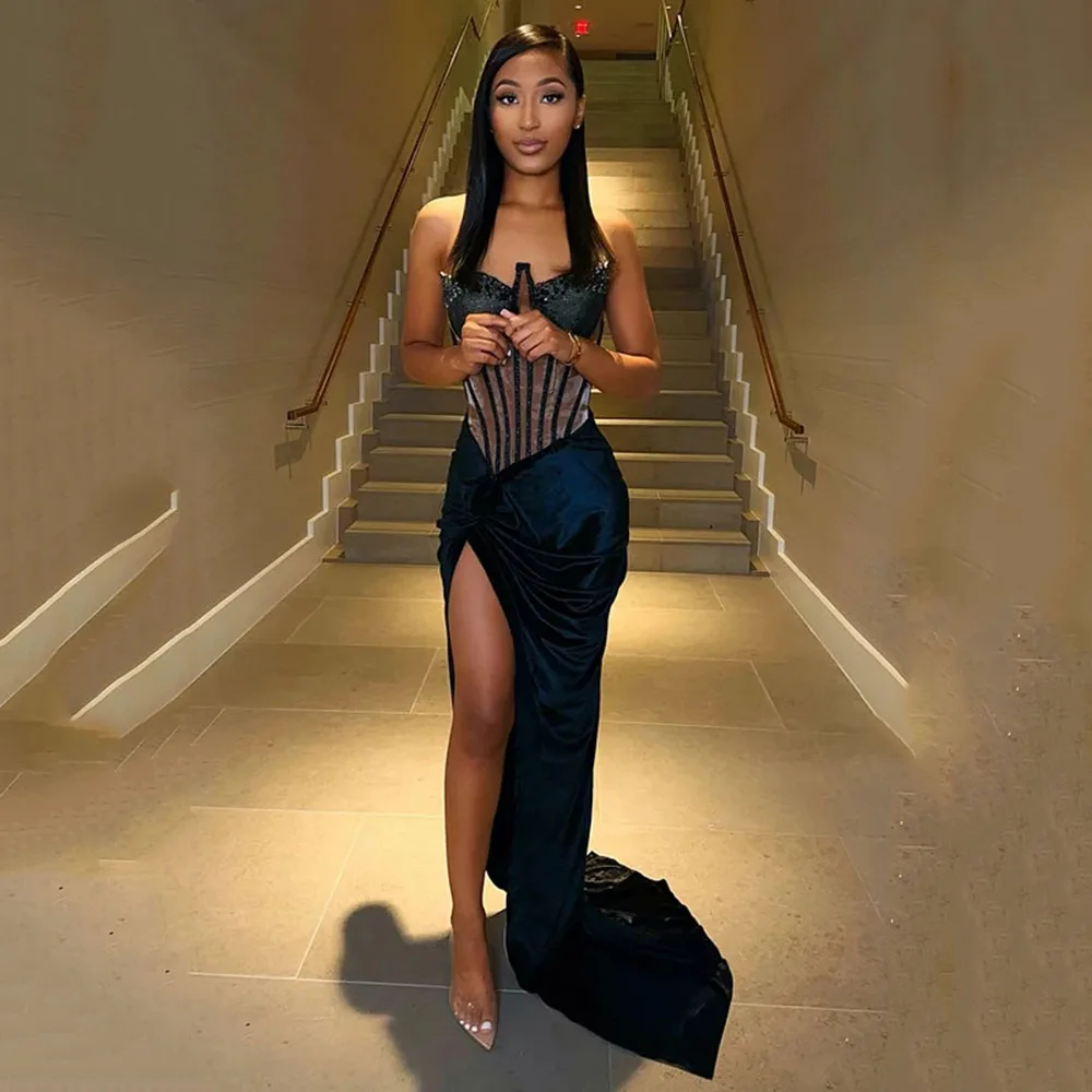 SoDigne Elegant Sexy Evening Dress Sweetheart Black Mermaid Beaded Corset Prom Dress With Slit party Gowns vestidos de noche
SoDigne Elegant Sexy Evening Dress Sweetheart Black Mermaid Beaded Corset Prom Dress With Slit party Gowns vestidos de noche