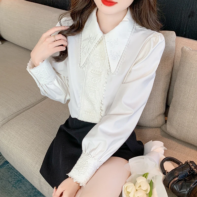 

QOERLIN Embroidered Lace Stitching White Shirts Women 2024 Spring Fall Female Blouse Female Loose Casual Elegant Button Up Tops