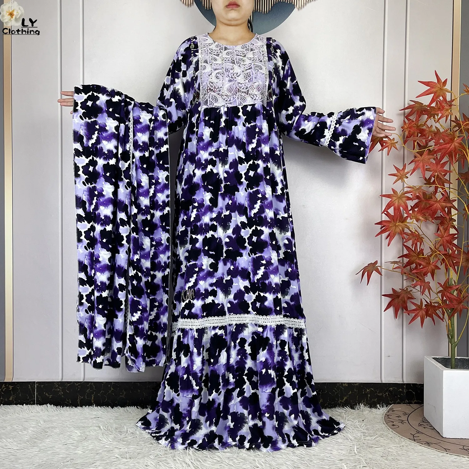 فستان نسائي جديد موضة 2026 بتصميم زهري وأكمام طويلة من القطن مع وشاح كبير، قفطان دبي، فستان فضفاض كاجوال، فساتين أفريقية فستان نسائي جديد موضة 2026 بتصميم زهري وأكمام طويلة من القطن مع وشاح كبير، قفطان دبي، فستان فضفاض كاجوال، فساتين أفريقية