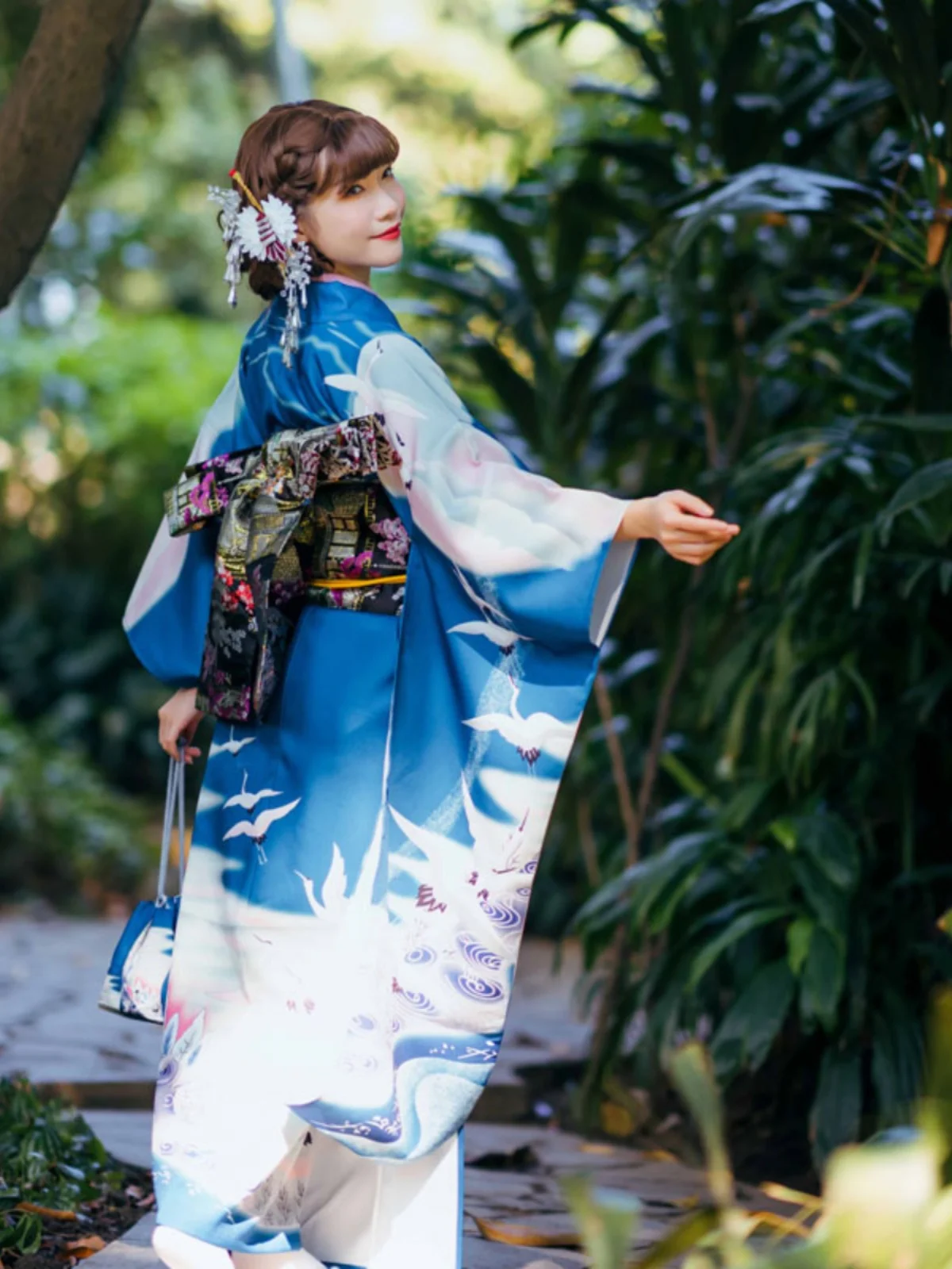 

Japanese Kimono Women's Traditional Vibration Sleeve Large Positioning Crane Handle Figure Blue Formal Wear Universal