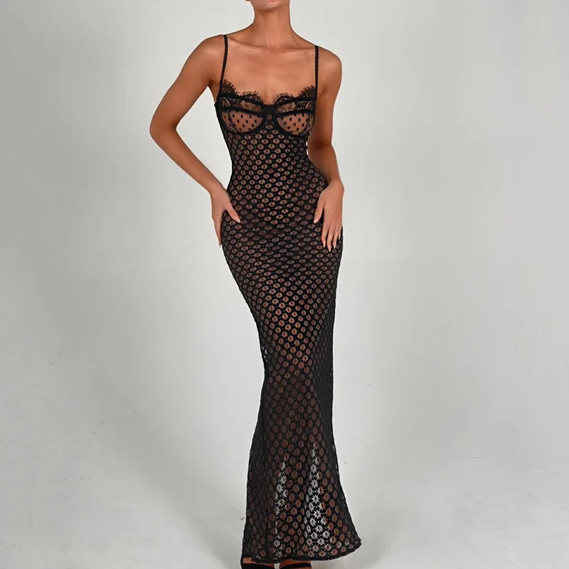 

Sexy Halter Bodice Dress Fashion Lace Backless Polka Dot Dress Women's Black Floor-Length Dress Elegant Mesh See Through Dresses
