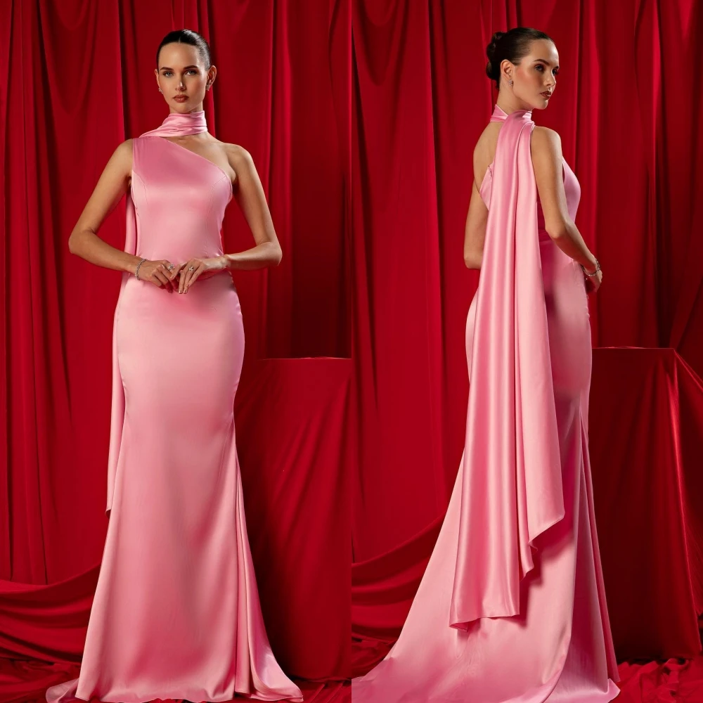 

Prom Dress Saudi Arabia Satin Draped Pleat Wedding Party Sheath One-shoulder Bespoke Occasion Gown Long Dresses