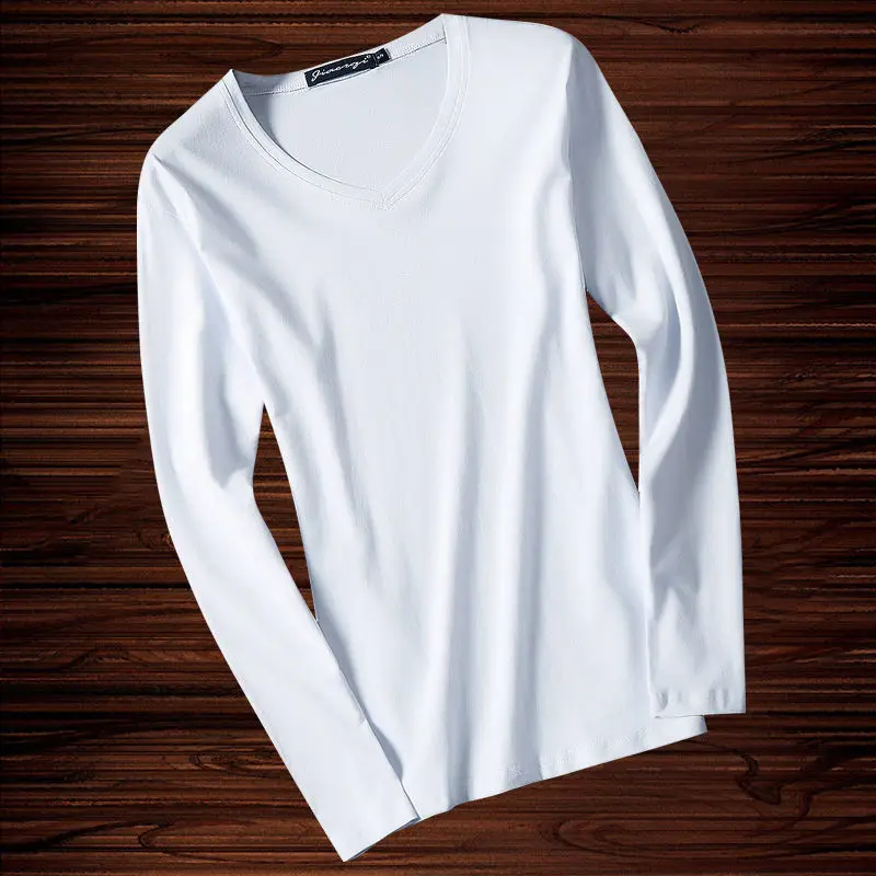 

Long Sleeved T-shirt Men's Plain V Neck Casual Spring and Autumn White Shirt Base Coat Bottoming Men Q128