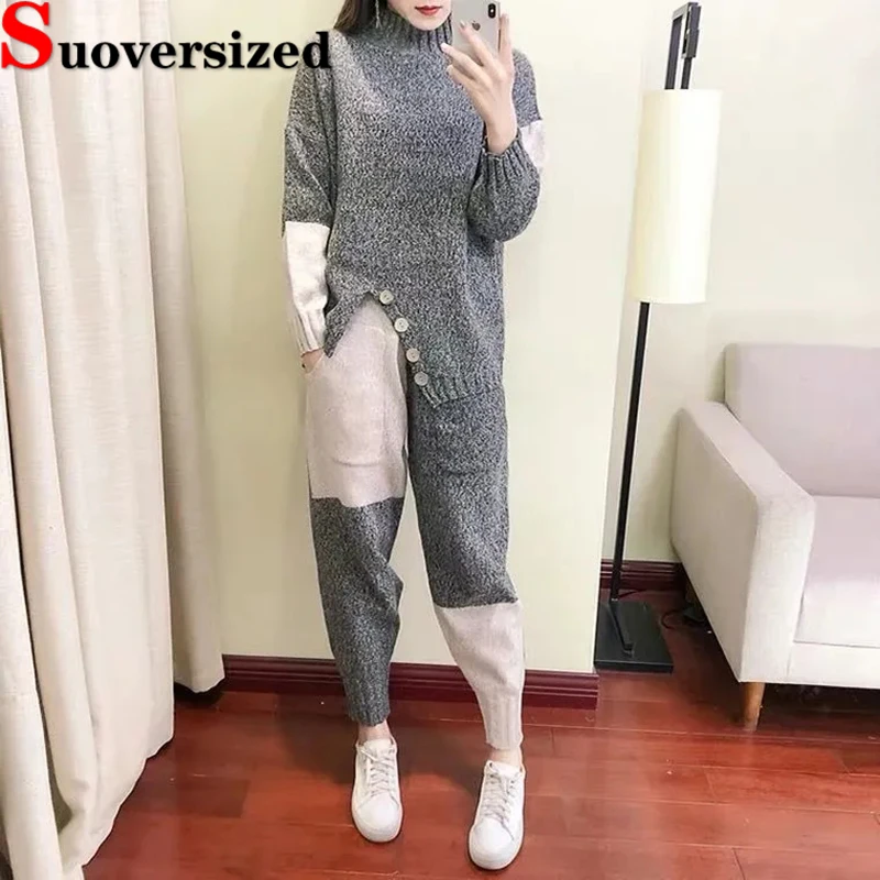 

Women's Spliced Sweater Two Piece Sets Mock Neck Design Pullover Conjuntos And Elastic Waist Baggy Knitted Sweatpants Outfit