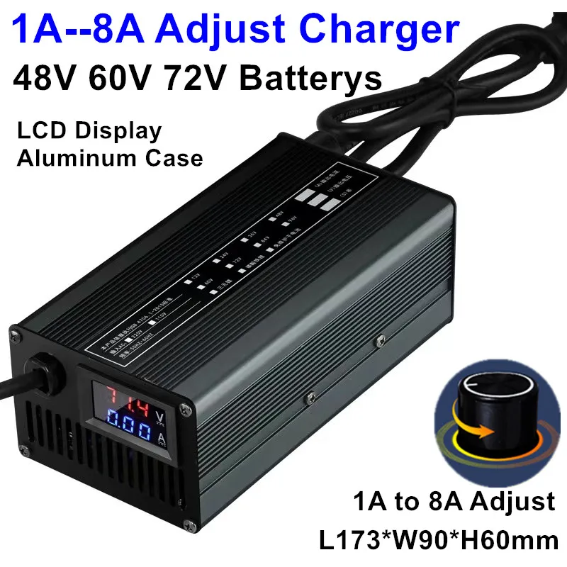 

1A 3A 5A 8A Adjust charger 48V 60V 72V 54.6v 58.8v 58.4v 67.2v 71.4v 73v 84V 87.6v 88.2v 18650 lipo lithium lead acid batterys