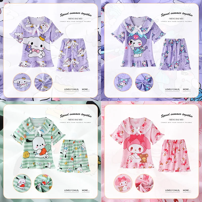 

2024 Cute Anime Summer Children's Pajamas Miniso Cinnamoroll Kuromi Pochacco Princess Kids Milk Silk Sleepwear Girl Pijamas Sets