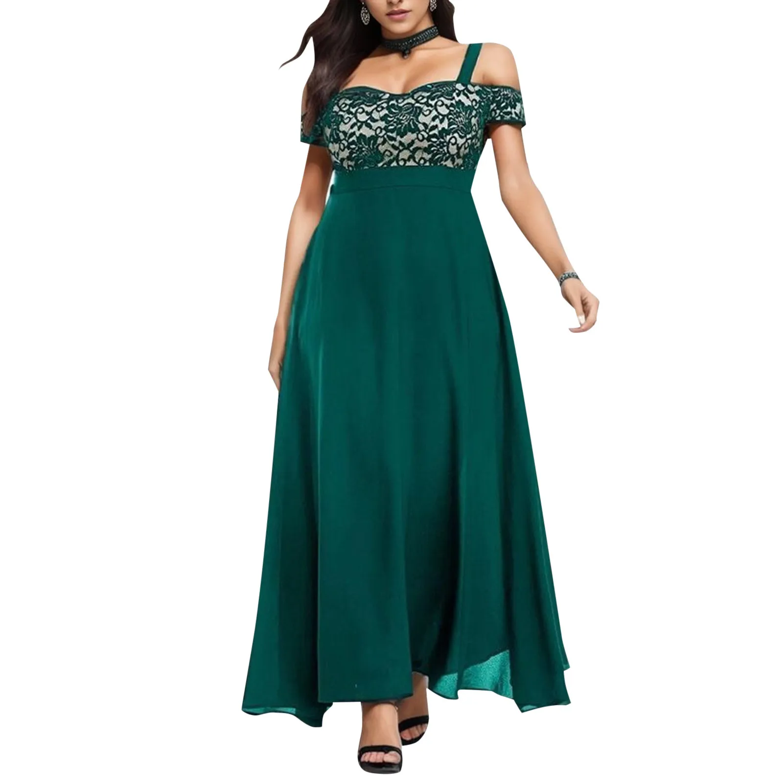 

Women Evening Party Long Dresses Lace Satin Patchwork Off Shoulder Spaghetti Strap Floor Length Dress Elegance Gown Maxi Vestido