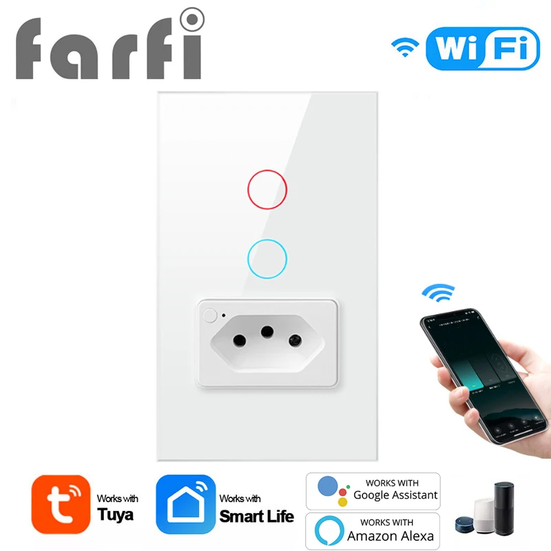 

Tuya Smart WiFi Light Switch & Socket 2in1,Brazil Standard 4X2 Glass Panel 1/2 Buttons Smart Switch Works With Alexa Google Home