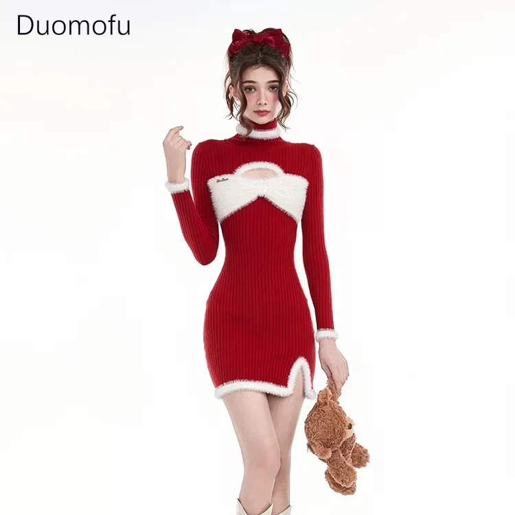 

Duomofu Christmas Red Dress Winter NEW Traf Women Clothing Unique Chic Elegant and Pretty Sexy Bow Knit Slim Fit Female Dresses