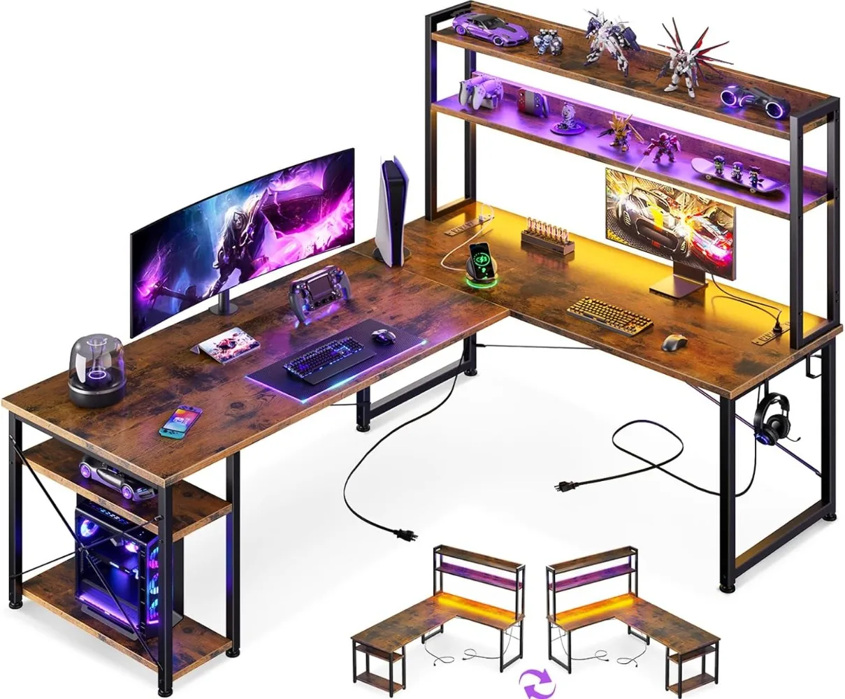 

Игровой стол L-образной формы с выемкой, розетками питания, светодиодной лентой и подставкой для монитора, двусторонний компьютерный стол 66 дюймов с полками для хранения