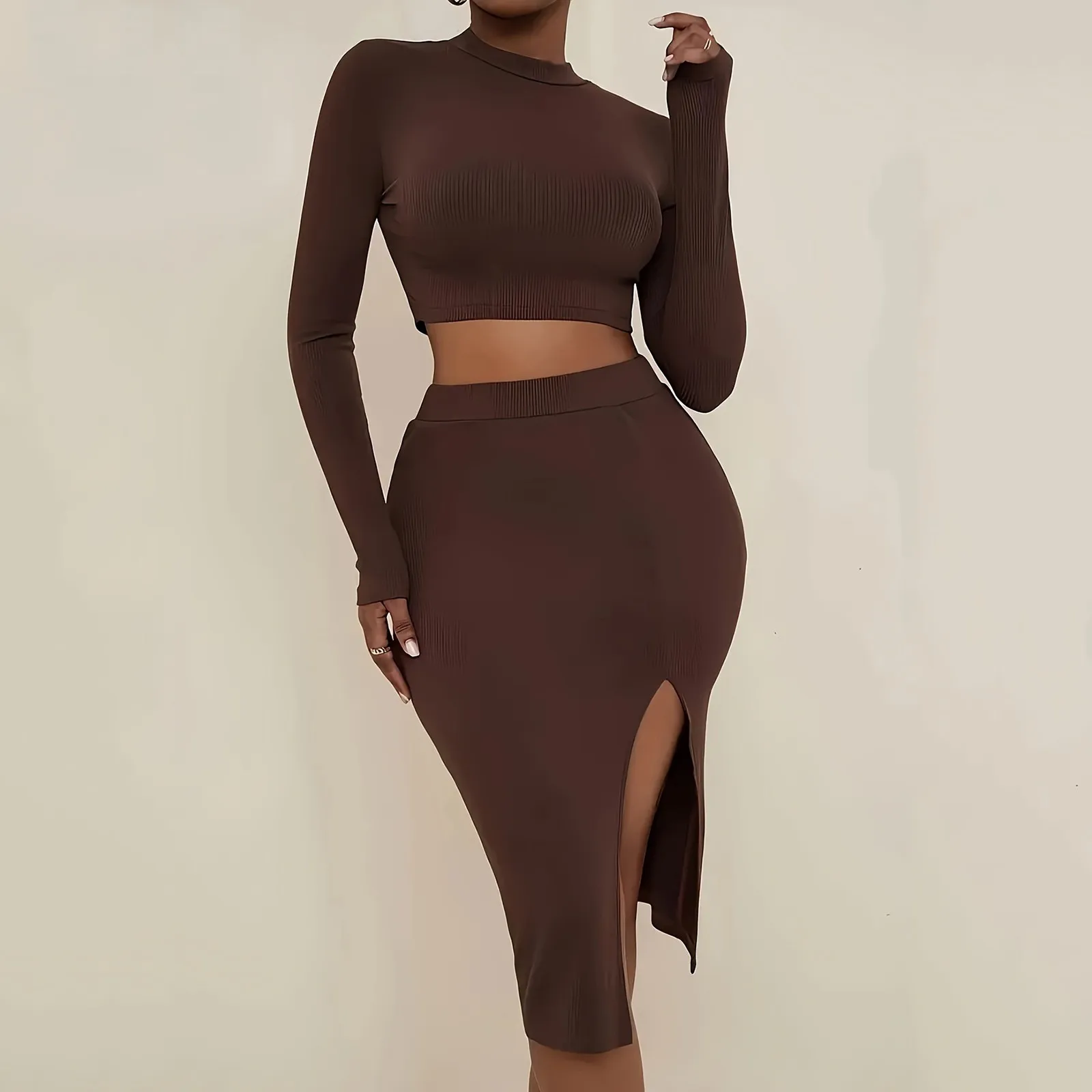 

Women Two Piece Set Skinny O-neck Long Sleeve Sexy Midriff Crop Top+ Side Slits Bodycon Skirts Stretchy Vestido para mujer