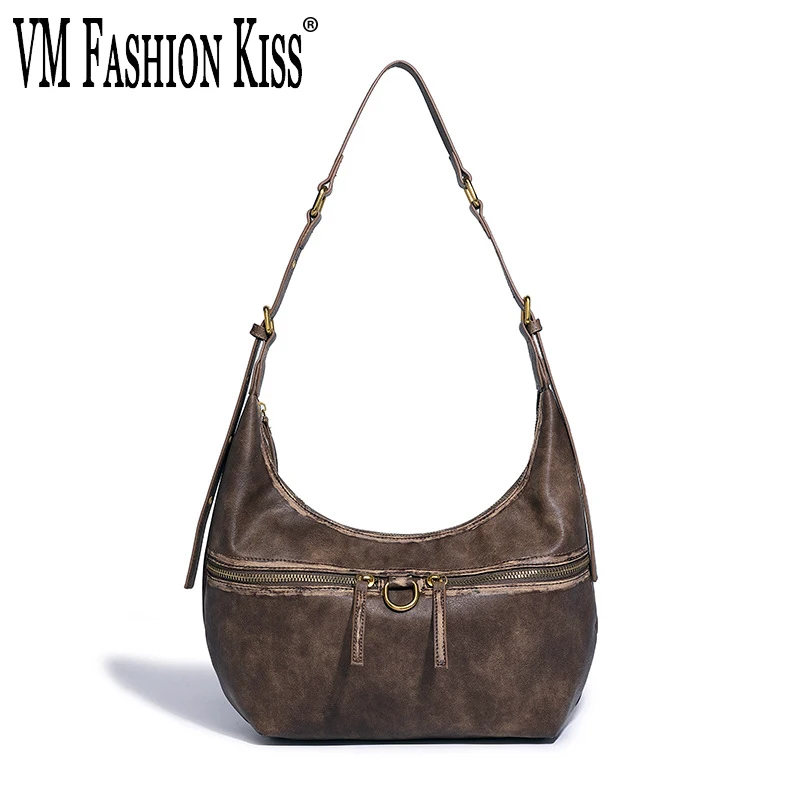 

VM FASHION KISS 2024 New Distressed Women's Bags Luxury Handbag Shoulder Hobo Vintage Pu Leather Single Shoulder Crossbody Bag