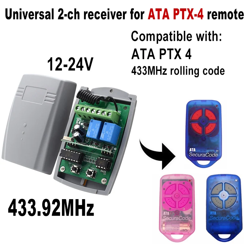 

ATA PTX4 Securacode 433MHz Garage Door Receiver For ATA PTX4 PTX-4 Gate Remote Control 433.92MHz Rolling Code Transmitter
