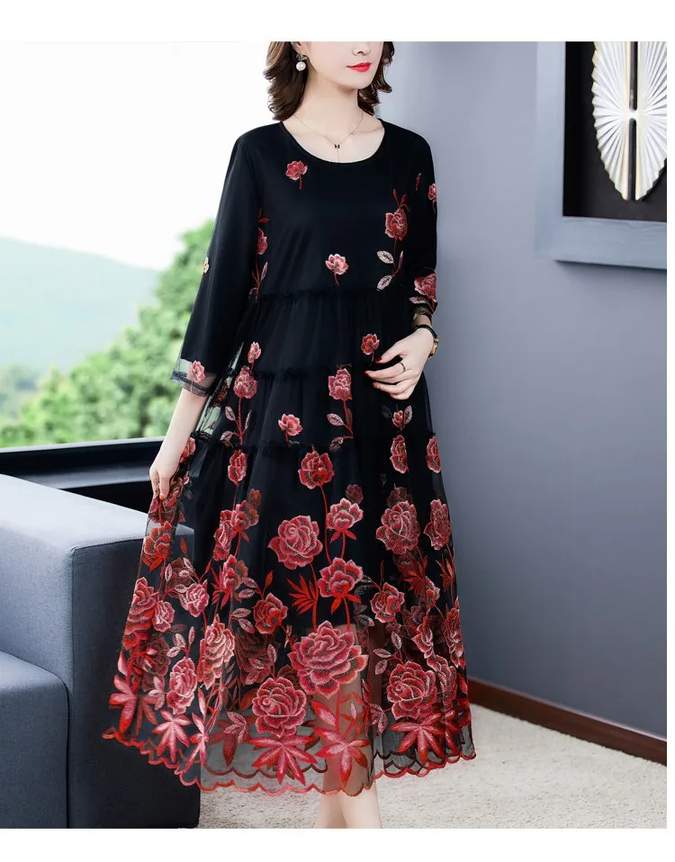 

Elegant Floral Vintage Women Summer Party Dress 2023 New Korean Fashion O-Neck Mulberry Silk Tunics Midi Casual Long Vestidos