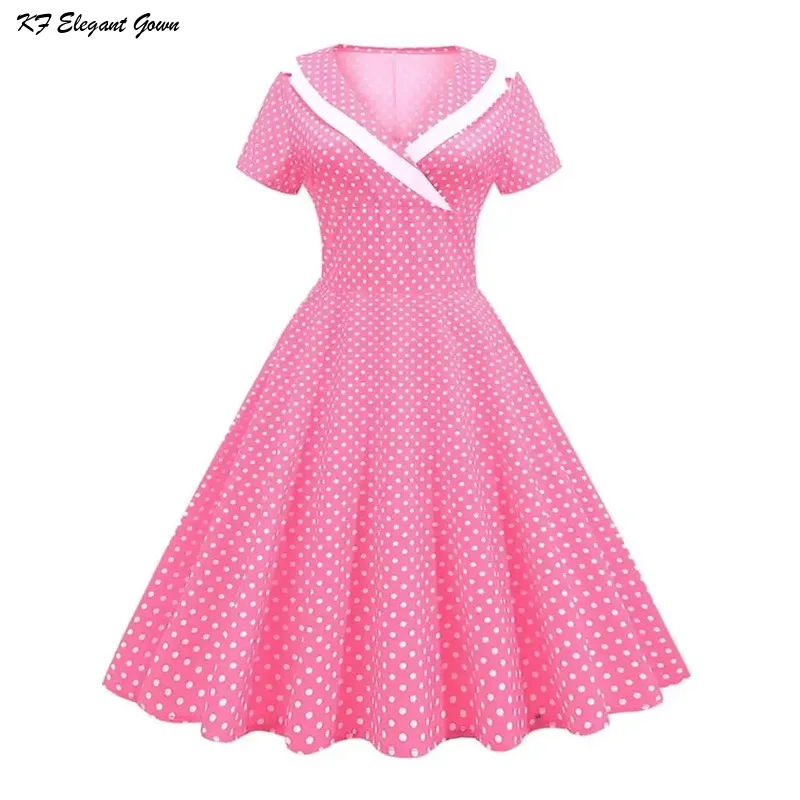 

Women Summer Pink Polka Dot Party Dress Short Sleeve Sailor Collar Elegant Casual 50s 60s Vintage A-line Midi Sundress