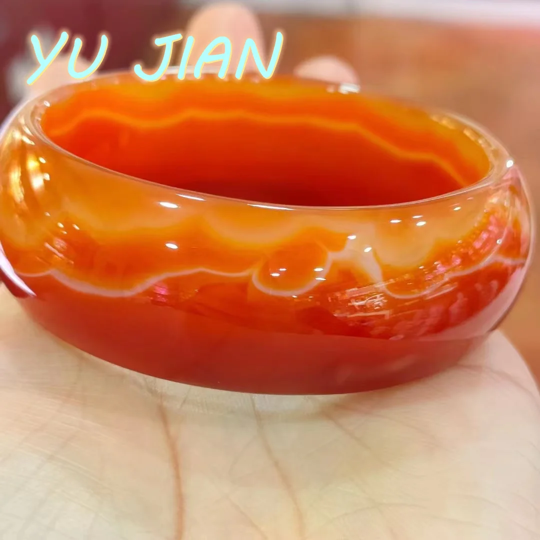 

Natural PatternLotus-Shaped Orange Red Agate Bracelet Widened Flat Bar Natural Chalcedon Bangle Ladies Fashion Accessories Cla