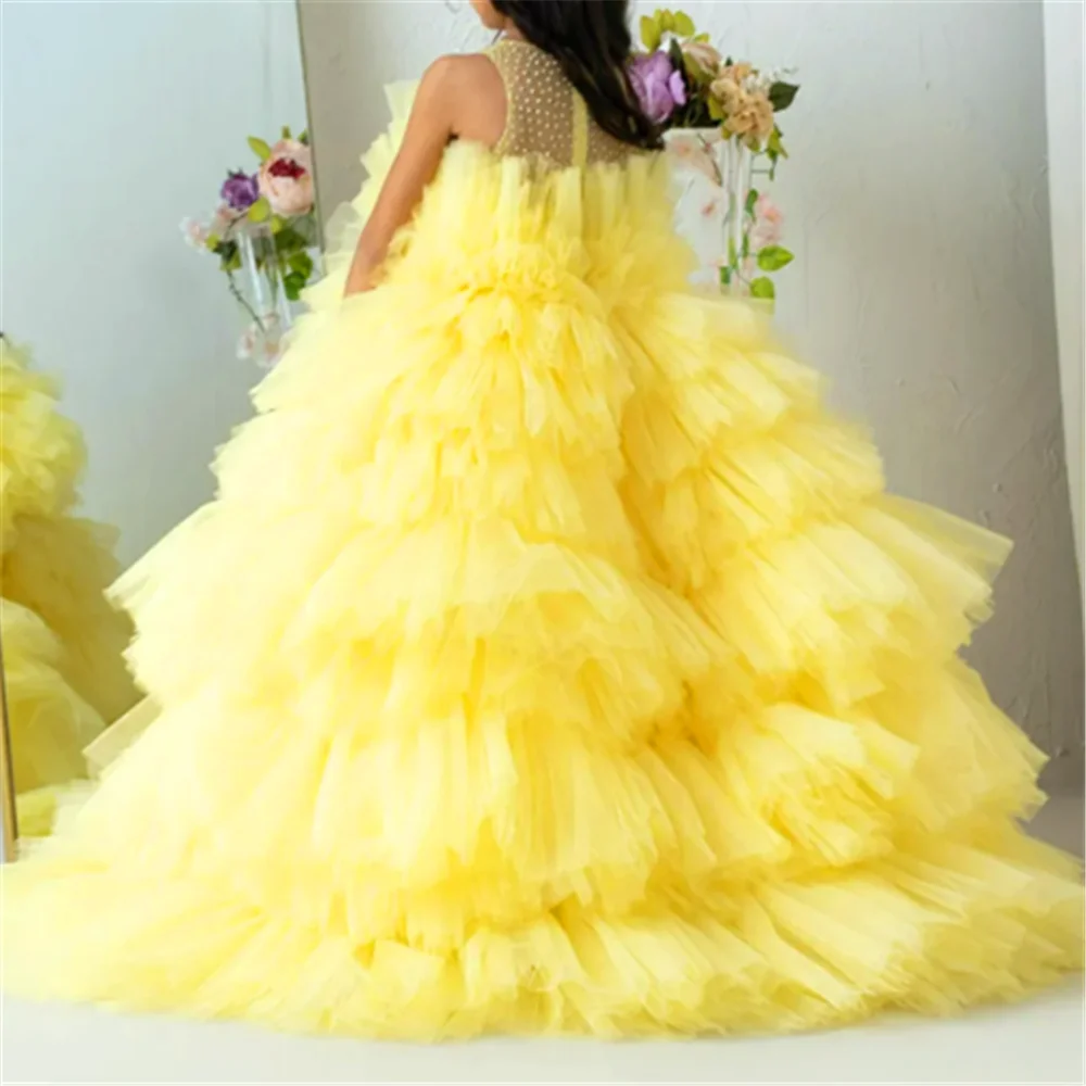 

Yellow Sleeveless Tulle Fluffy Layered Flower Girl Dress Princess Ball First Communion Dresses Kids Surprise Birthday Present