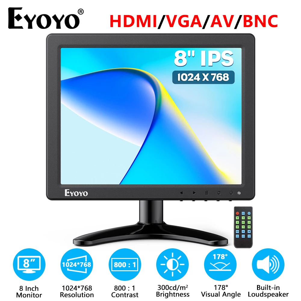 

Eyoyo EM08F 8" Desktop Monitor 1024x768 4:3 IPS Screen Support Remote Control, HDMI/VGA/AV/BNC Input for Computer CCTV Camera