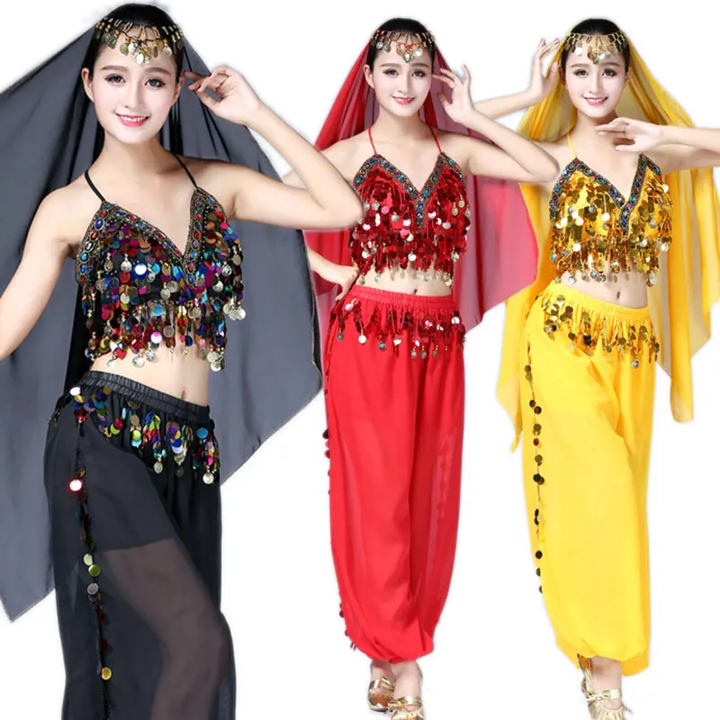 

3pcs Women Halloween Carnival Stage Performance Egypt Belly Dance Costume Bollywood Indian Dancing Dress Chiffon Sari Set