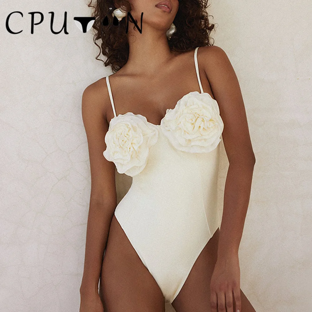 CPUTAN 2024 Sexy White 3D Flower Solid Two Piece Push Up Bikini Set
