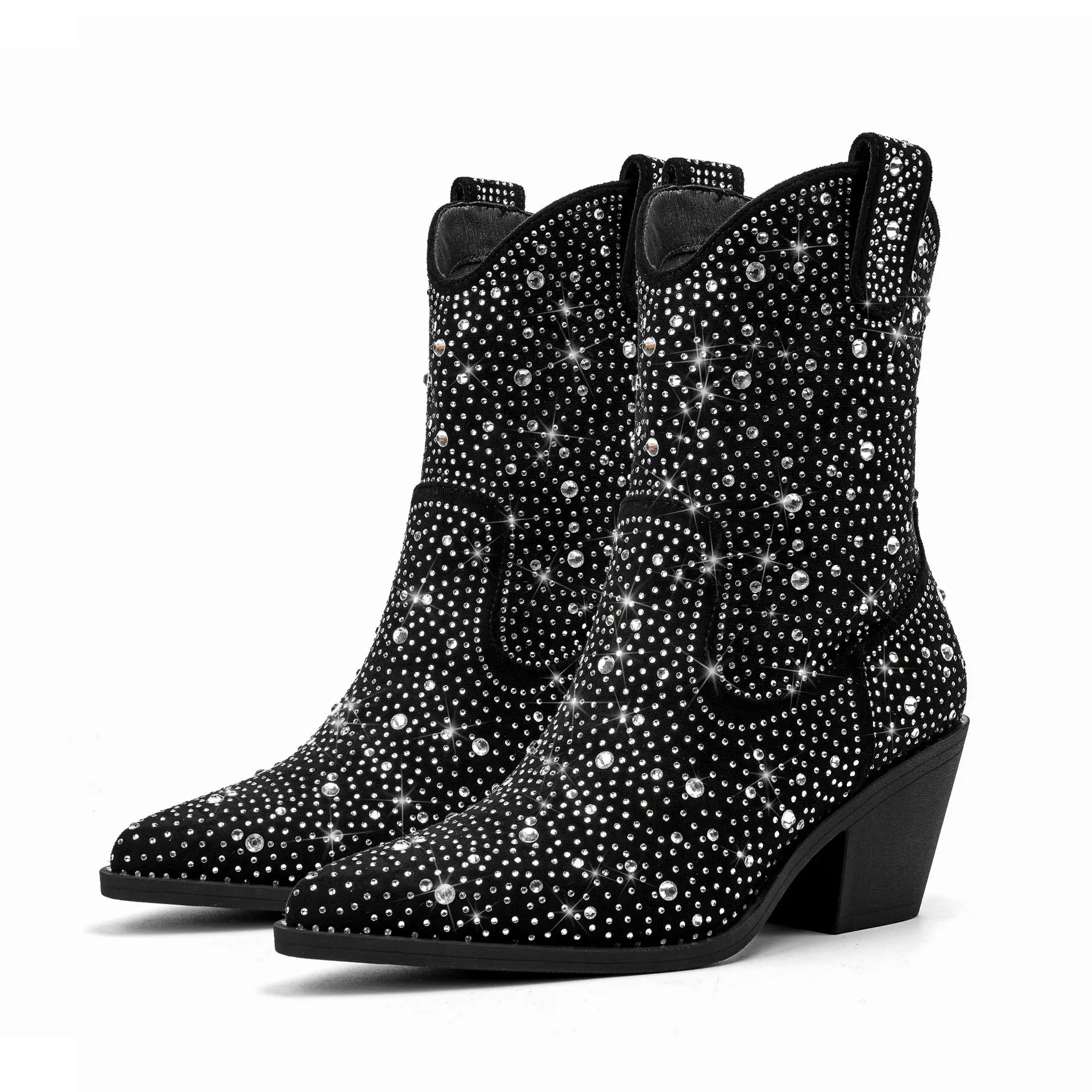 

Blingbling Gorgeous Rhinestone Western Cowboy Boots Retro Pointed Thick Heel Knight Boots Plus Size Sexy Women's Boots 35&43
