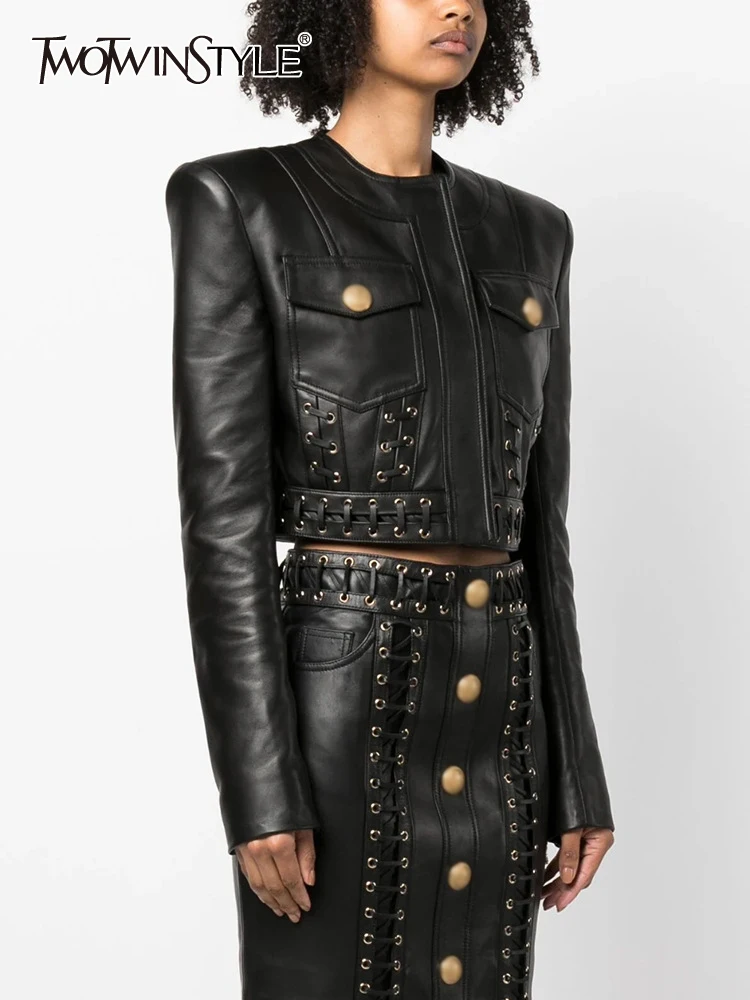 TWOTWINSTYLE Solid Slimming Leather Jacket For Women Round Neck Long Sleeve Patchwork Button Streetwear Jackets Female Fashion
TWOTWINSTYLE Solid Slimming Leather Jacket For Women Round Neck Long Sleeve Patchwork Button Streetwear Jackets Female Fashion