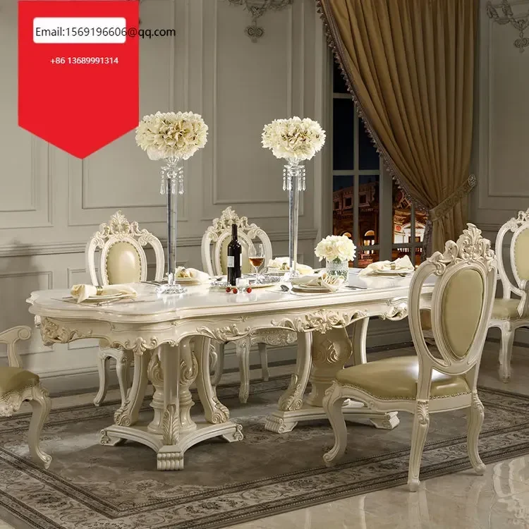 

European-style high-grade all-solid wood dining chair combination of milky white table American restaurant furniture