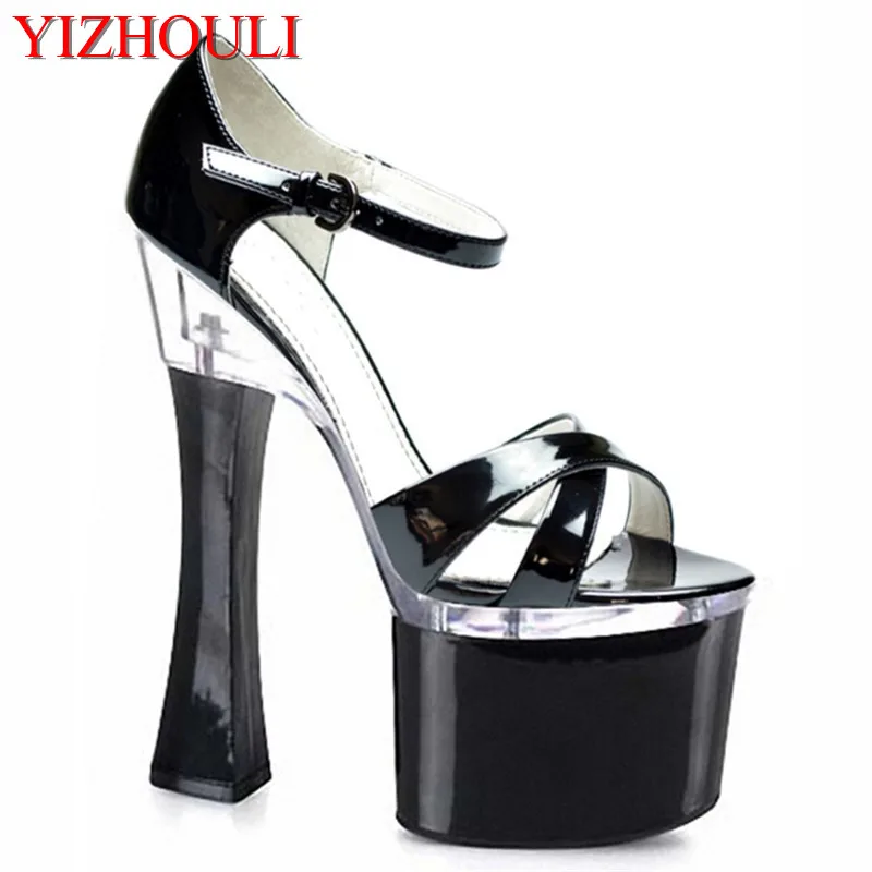 

Sexy high heels with peep-toe black heels, square root strap sandals, 18 cm high heel stage dance shoes