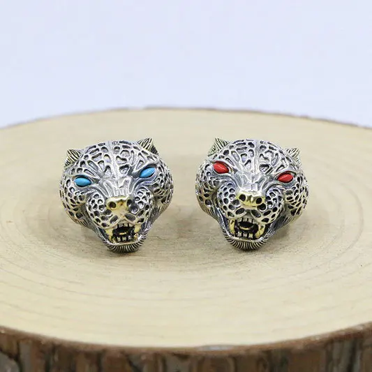 

Living 925 Sterling Silver Blue Turquoise Leopard Ring for Men's Dominant Retro Thai Silver Index Finger Exaggerated Trendy Beas