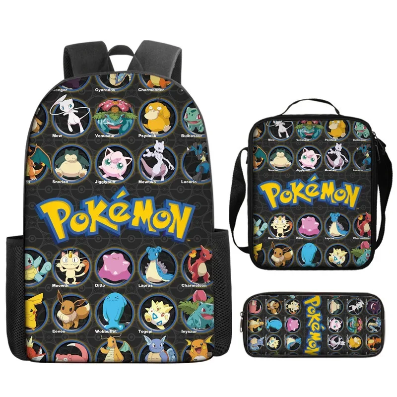 

New 3PCS Pikachu Canvas Backpack Anime Pokemon Cartoon Students Shoulders Bag Pocket Zipper Pen Bag Laptop Bags Gift Travel Bag