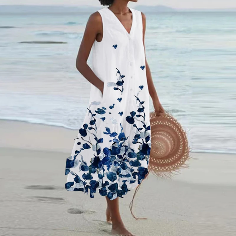 Printed Loose Pocket Shirt Long Dress Fashion Office Lady Boho Beach Dress Summer Sleeveless V-neck Single Breasted Tank Dress
Printed Loose Pocket Shirt Long Dress Fashion Office Lady Boho Beach Dress Summer Sleeveless V-neck Single Breasted Tank Dress