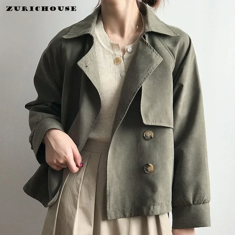

Casual Short Women's Windbreaker Jacket Spring Autumn 2024 New Retro Simple Solid Double Breasted Loose-fit Trench Coat