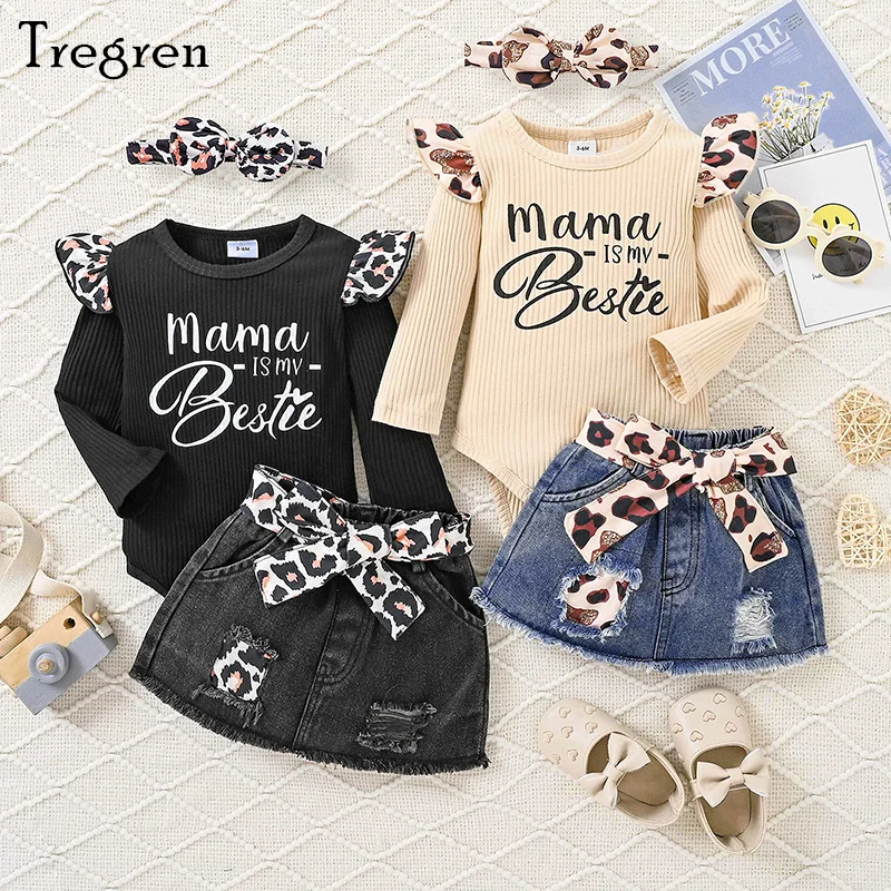 

Tregren 0-18M Infant Baby Girls Clothes Sets Letter Print Ribbed Romper and Ripped Denim Skirt Cute Headband Spring Fall Outfits
