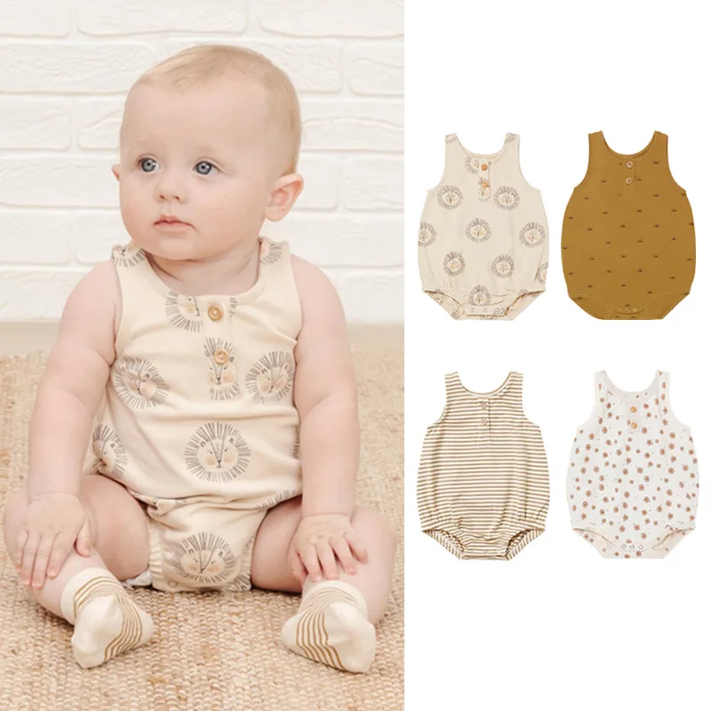 

0-12 Months Baby Clothing Cute Summer Cotton Romper Sun Flower Print Playsuit Toddle Boy Girl Bodysuit Newborn Sleeveless Onesie