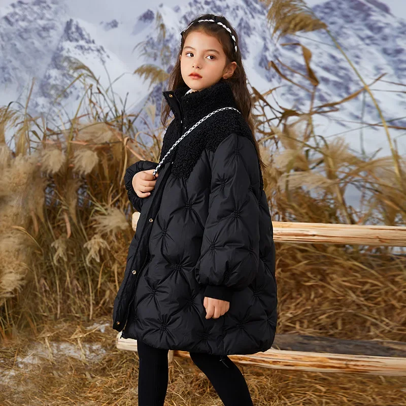 

Children Winter Down Cotton Jacket Lamb Wool Girl Long Clothing Kids Black Clothes Thicken Warm Parka Snowsuit Outerwear TZ462