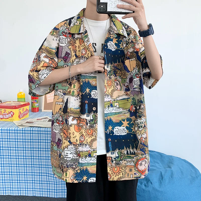 

Fashion Mens Cartoon Printed Button Up Shirt Y2K Summer New Men Oversized Short Sleeve Hawaiian Beach Shirts Chemise Homme 일반셔츠