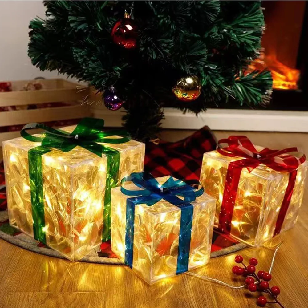 

Рождественские подарочные коробки с подсветкой, 3 шт., мишура, Подарочная коробка, подарки, украшения для дня рождения, праздника, вечеринки, свадьбы