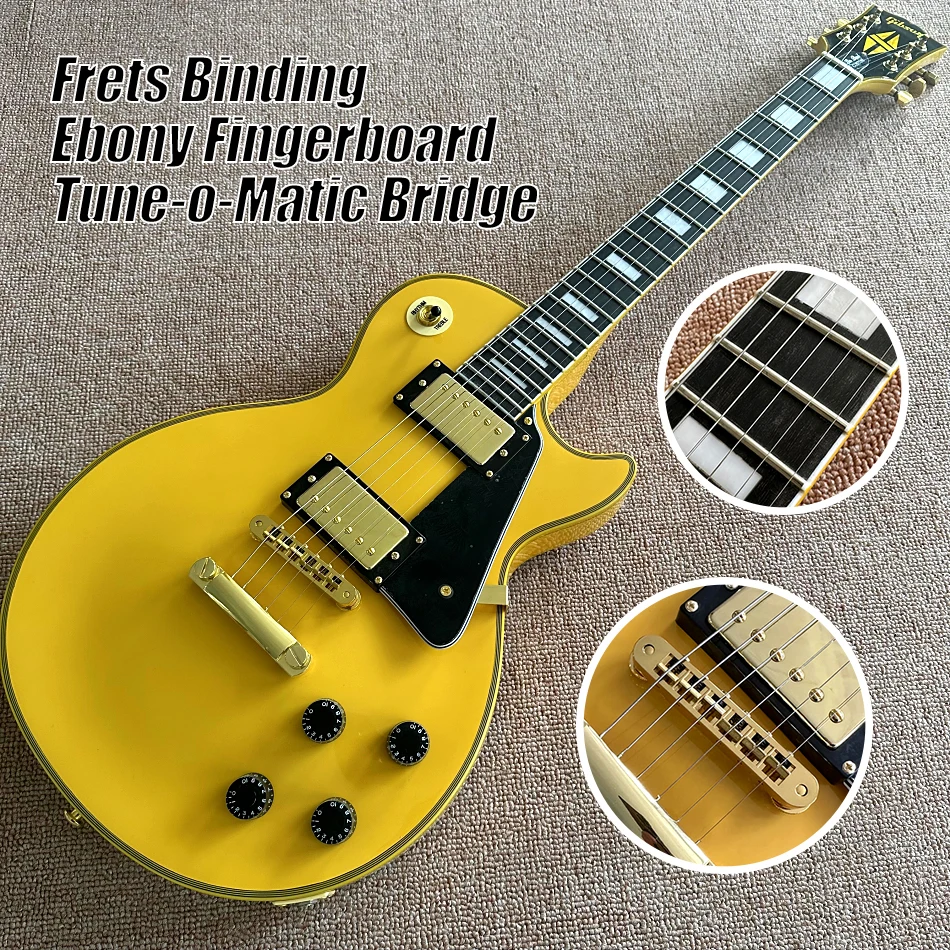 

Электрическая гитара Yellow LP на заказ, черная грифельная доска, Frits Binding, Tune-o-Matic Bridge, золотая фурнитура, 2 пикапа, бесплатная доставка