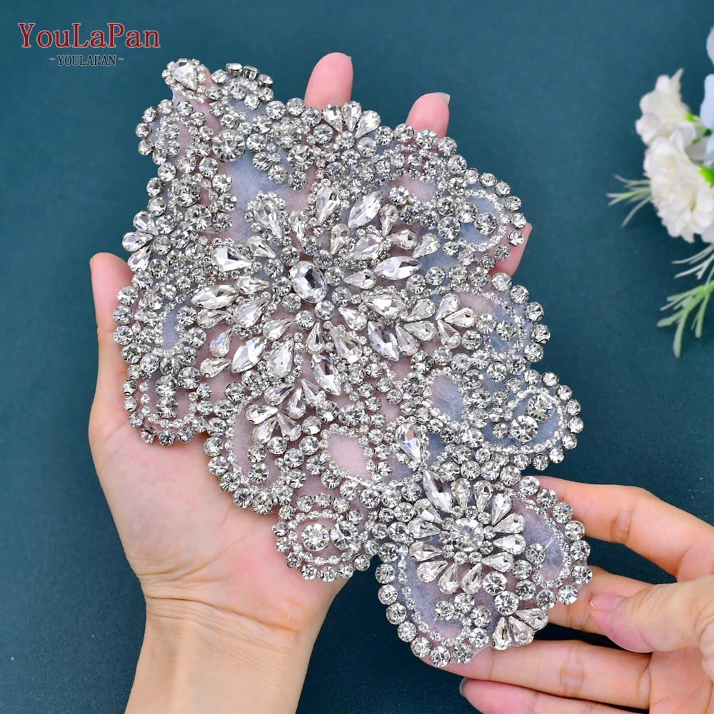 

YouLaPan SP01 Rhinestone Applique Epaulets for Women Appliques on Clothes Large Patches Neckline DIY Beades Sew Wedding Dress